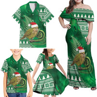 New Zealand Kakapo Christmas In July Family Matching Off Shoulder Maxi Dress and Hawaiian Shirt Silver Fern Santa Xmas Green Color