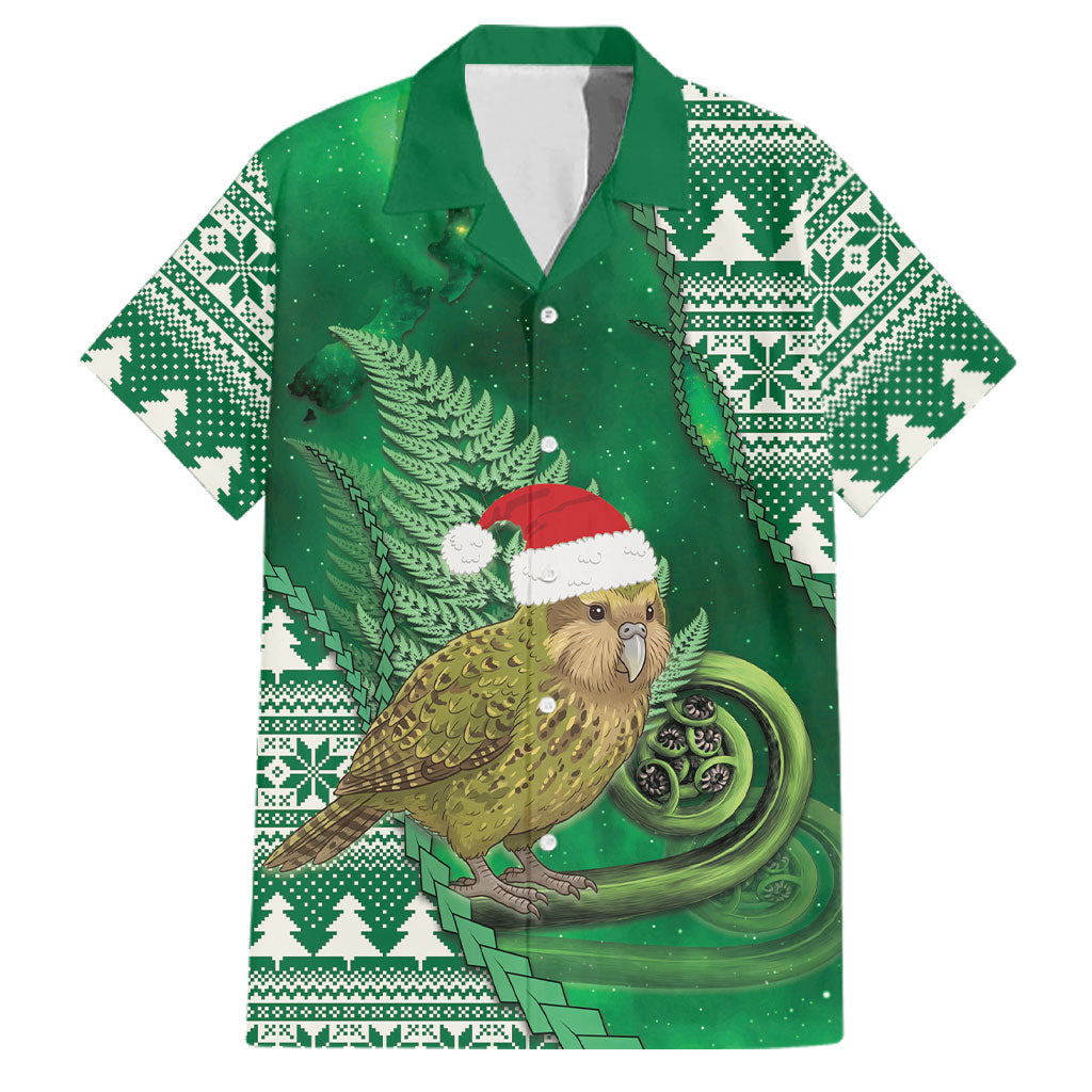 New Zealand Kakapo Christmas In July Family Matching Off Shoulder Short Dress and Hawaiian Shirt Silver Fern Santa Xmas Green Color LT22 Dad's Shirt - Short Sleeve Green - Polynesian Pride