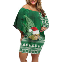 New Zealand Kakapo Christmas In July Family Matching Off Shoulder Short Dress and Hawaiian Shirt Silver Fern Santa Xmas Green Color LT22 Mom's Dress Green - Polynesian Pride