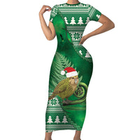 New Zealand Kakapo Christmas In July Family Matching Short Sleeve Bodycon Dress and Hawaiian Shirt Silver Fern Santa Xmas Green Color LT22 Mom's Dress Green - Polynesian Pride