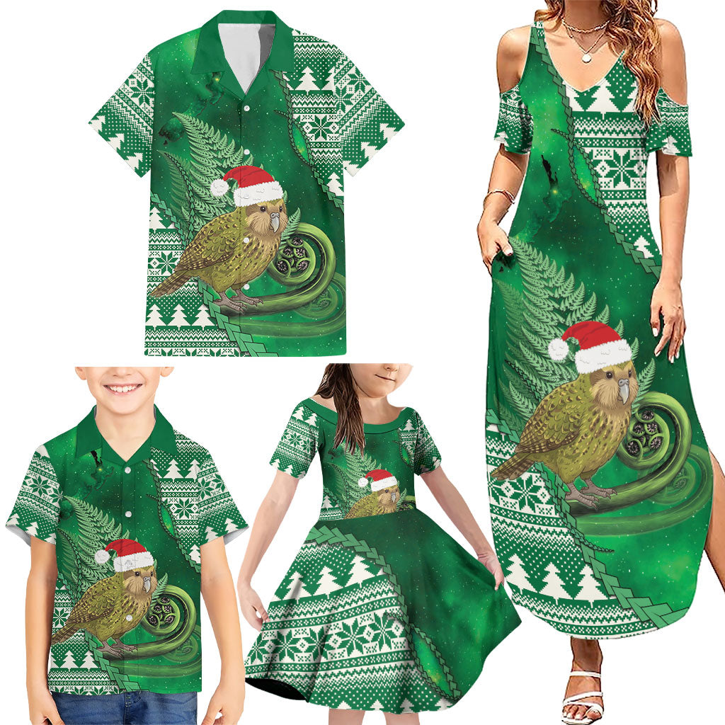 New Zealand Kakapo Christmas In July Family Matching Summer Maxi Dress and Hawaiian Shirt Silver Fern Santa Xmas Green Color LT22 - Polynesian Pride