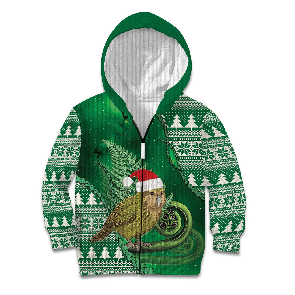 New Zealand Kakapo Christmas In July Kid Hoodie Silver Fern Santa Xmas Green Color LT22 Zip Hoodie Green - Polynesian Pride