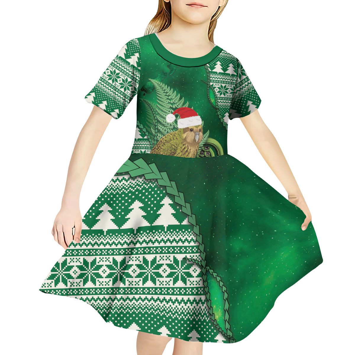 New Zealand Kakapo Christmas In July Kid Short Sleeve Dress Silver Fern Santa Xmas Green Color
