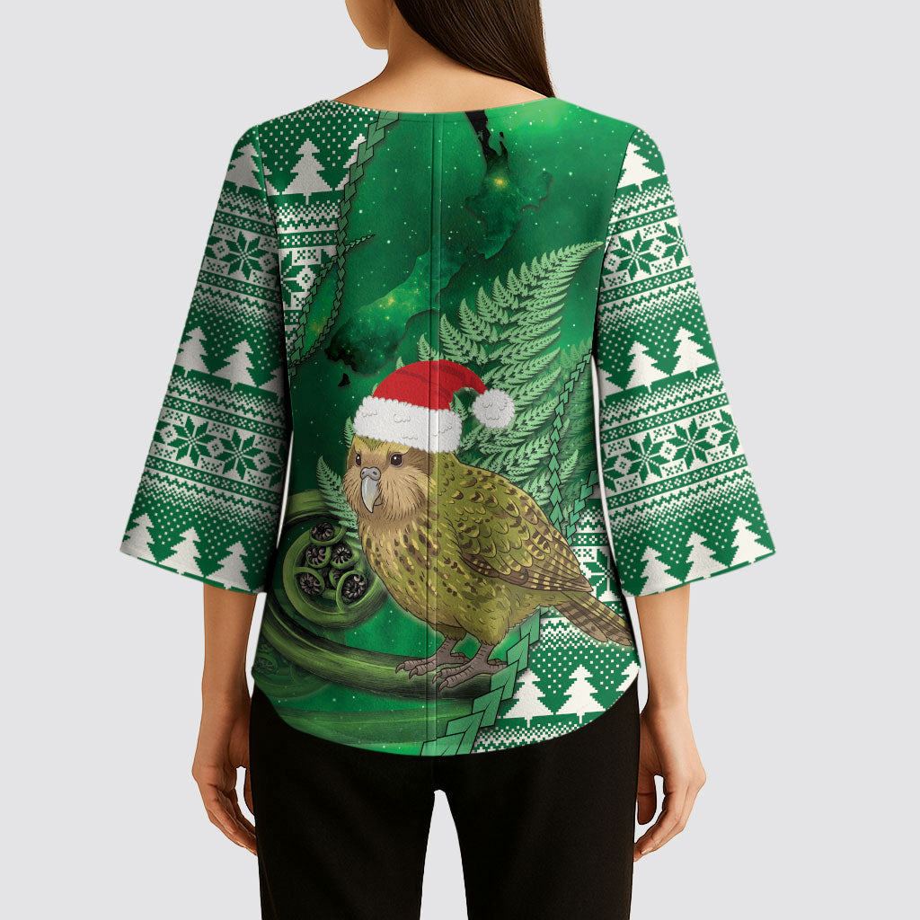 New Zealand Kakapo Christmas In July Kimono Sleeve Blouse Silver Fern Santa Xmas Green Color