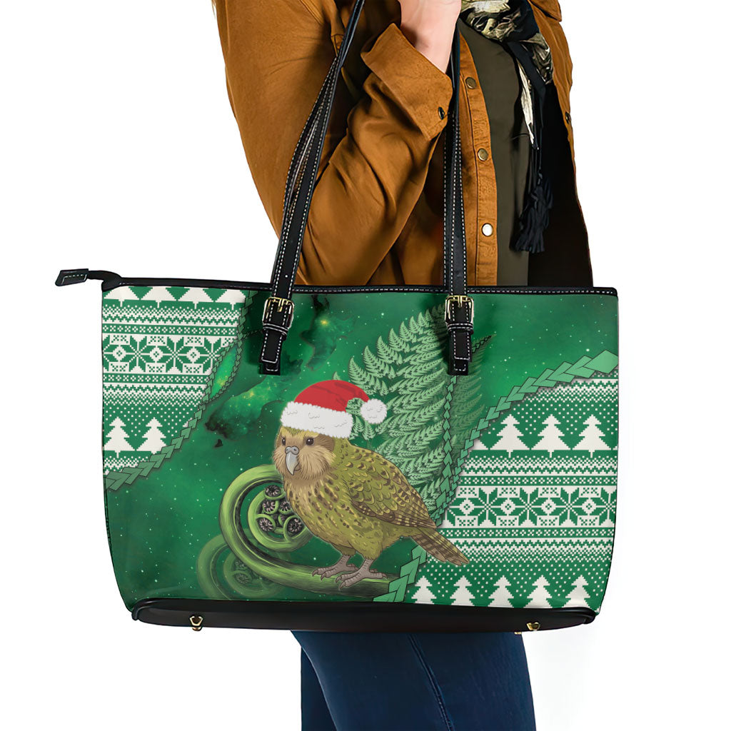 New Zealand Kakapo Christmas In July Leather Tote Bag Silver Fern Santa Xmas Green Color