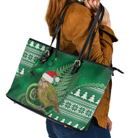 New Zealand Kakapo Christmas In July Leather Tote Bag Silver Fern Santa Xmas Green Color