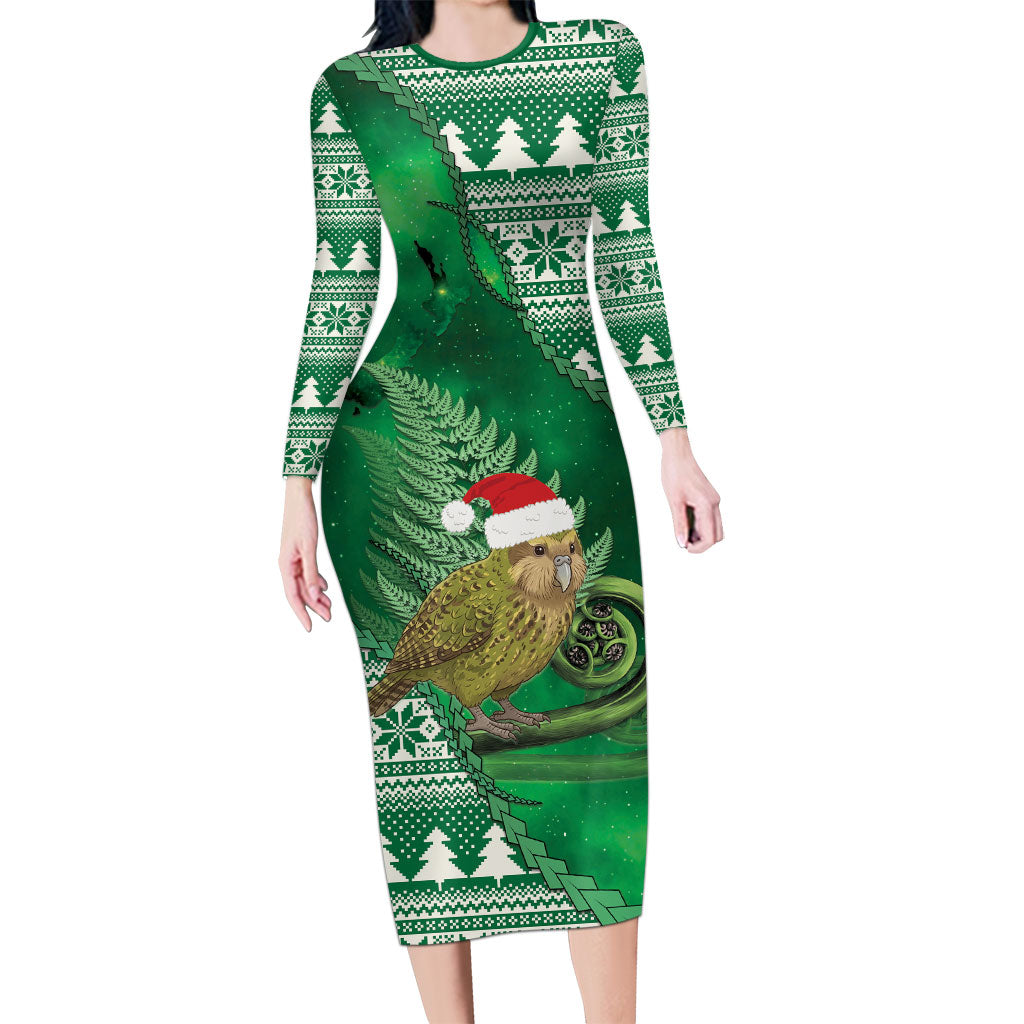New Zealand Kakapo Christmas In July Long Sleeve Bodycon Dress Silver Fern Santa Xmas Green Color LT22 Long Dress Green - Polynesian Pride