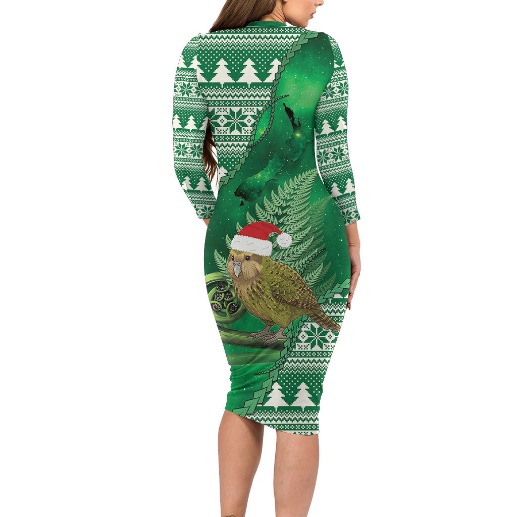 New Zealand Kakapo Christmas In July Long Sleeve Bodycon Dress Silver Fern Santa Xmas Green Color LT22 - Polynesian Pride