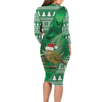 New Zealand Kakapo Christmas In July Long Sleeve Bodycon Dress Silver Fern Santa Xmas Green Color LT22 - Polynesian Pride