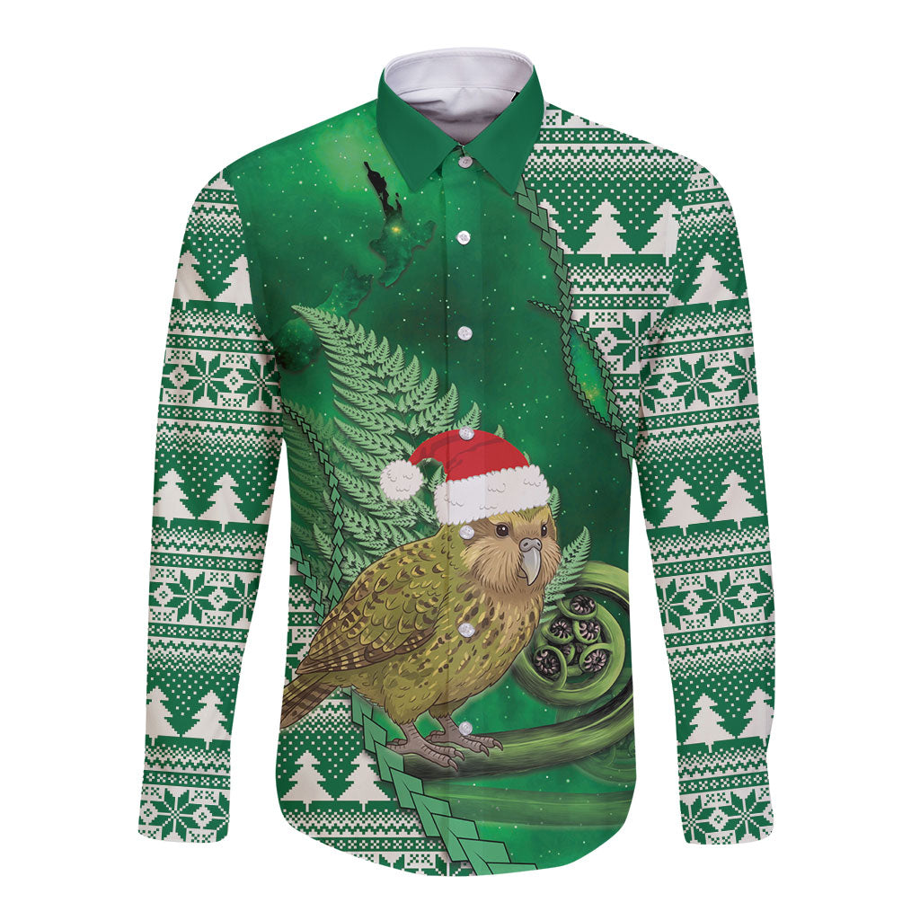 New Zealand Kakapo Christmas In July Long Sleeve Button Shirt Silver Fern Santa Xmas Green Color LT22 Unisex Green - Polynesian Pride