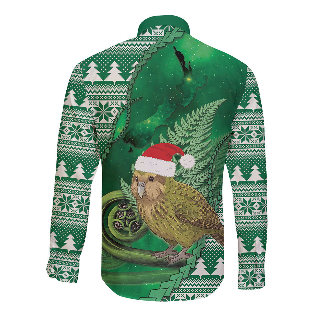 New Zealand Kakapo Christmas In July Long Sleeve Button Shirt Silver Fern Santa Xmas Green Color