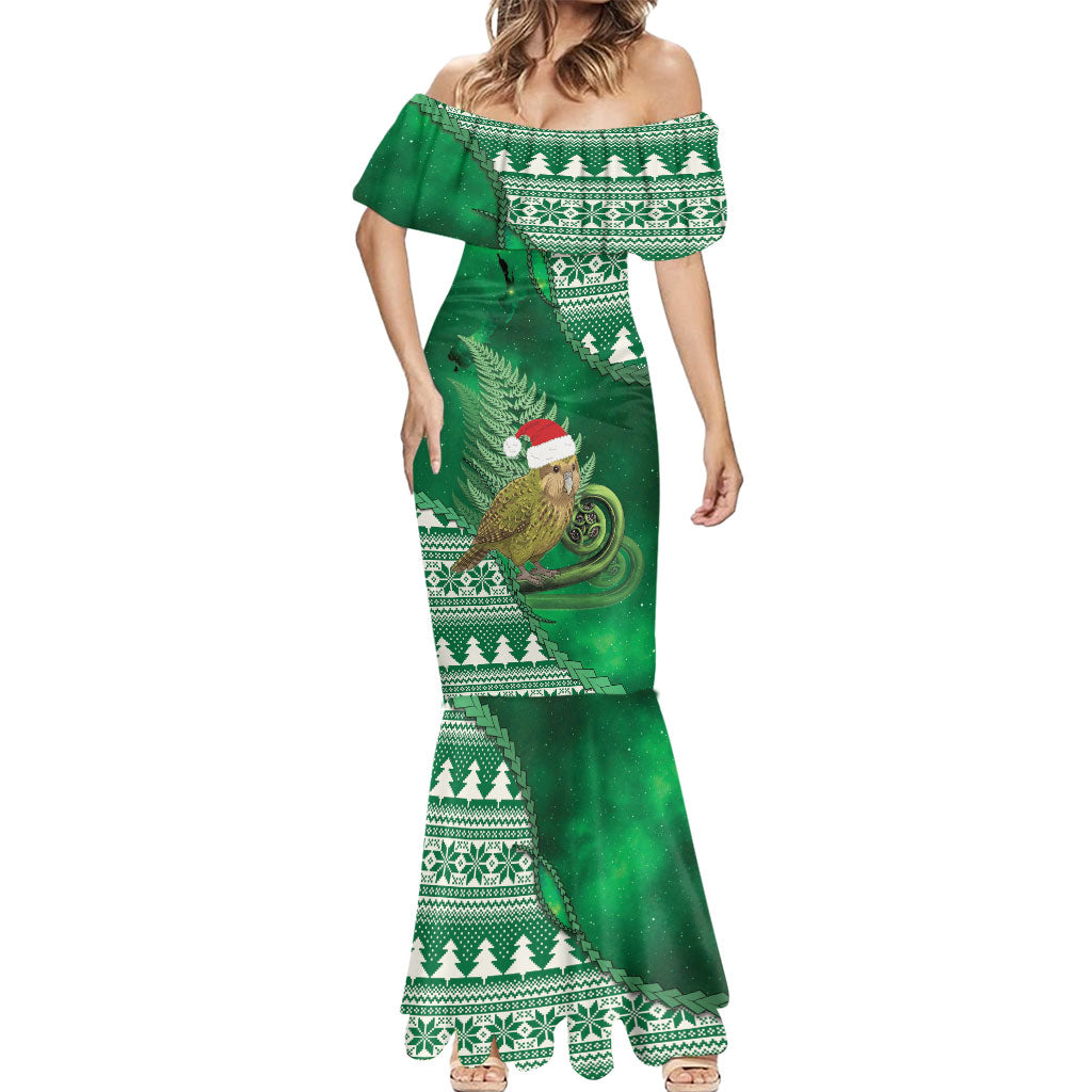 New Zealand Kakapo Christmas In July Mermaid Dress Silver Fern Santa Xmas Green Color LT22 - Polynesian Pride