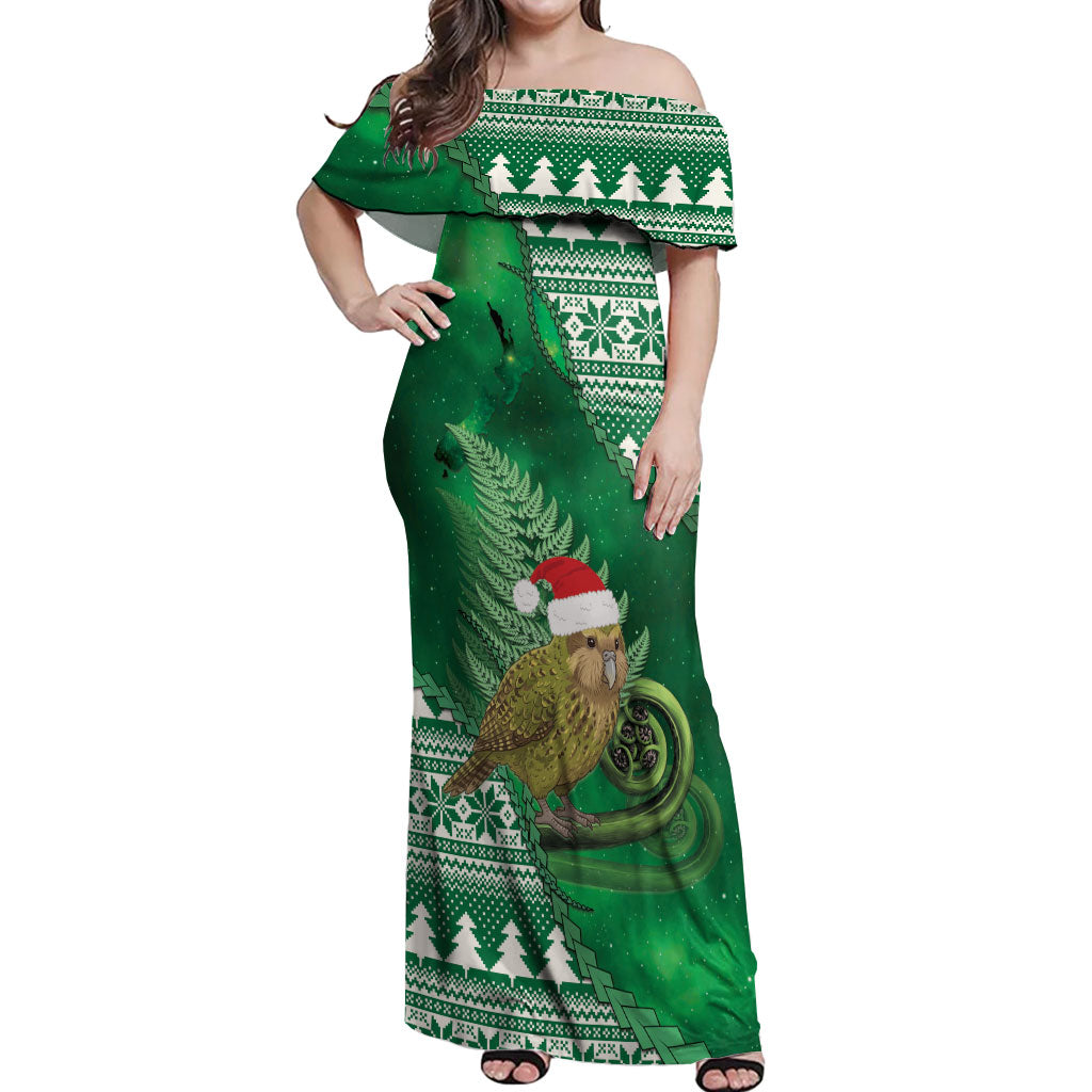New Zealand Kakapo Christmas In July Off Shoulder Maxi Dress Silver Fern Santa Xmas Green Color LT22 Women Green - Polynesian Pride