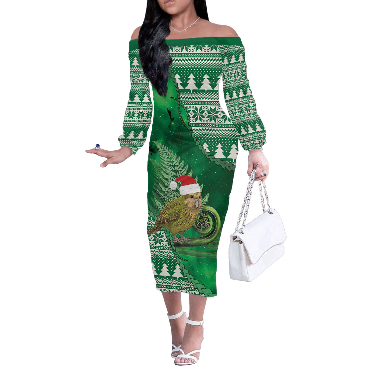 New Zealand Kakapo Christmas In July Off The Shoulder Long Sleeve Dress Silver Fern Santa Xmas Green Color LT22 Women Green - Polynesian Pride