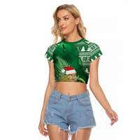 New Zealand Kakapo Christmas In July Raglan Cropped T Shirt Silver Fern Santa Xmas Green Color LT22 Female Green - Polynesian Pride