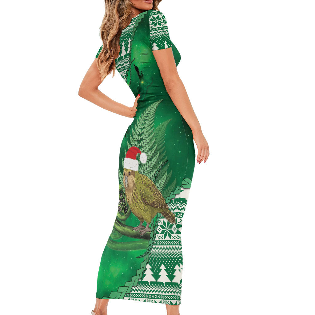 New Zealand Kakapo Christmas In July Short Sleeve Bodycon Dress Silver Fern Santa Xmas Green Color LT22 - Polynesian Pride
