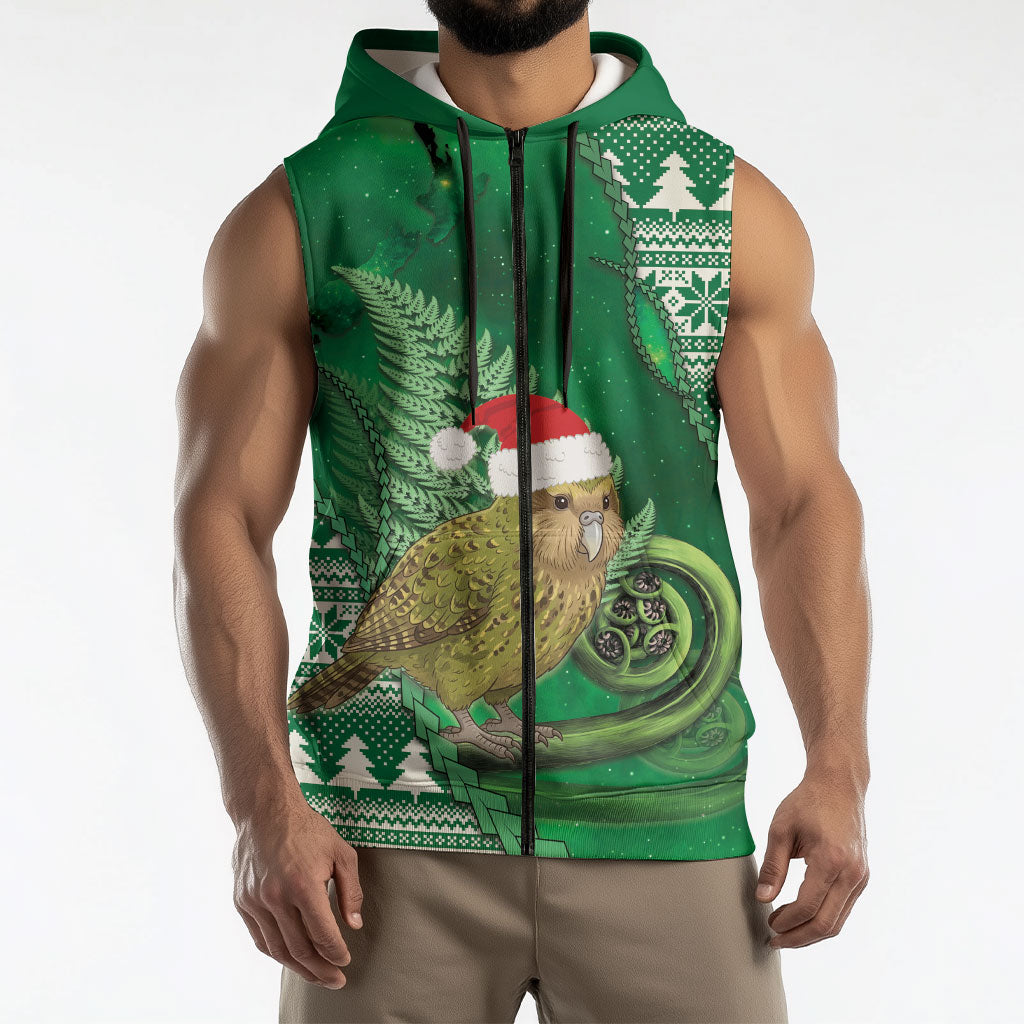 New Zealand Kakapo Christmas In July Sleeveless Zip Hoodie Silver Fern Santa Xmas Green Color LT22 - Polynesian Pride