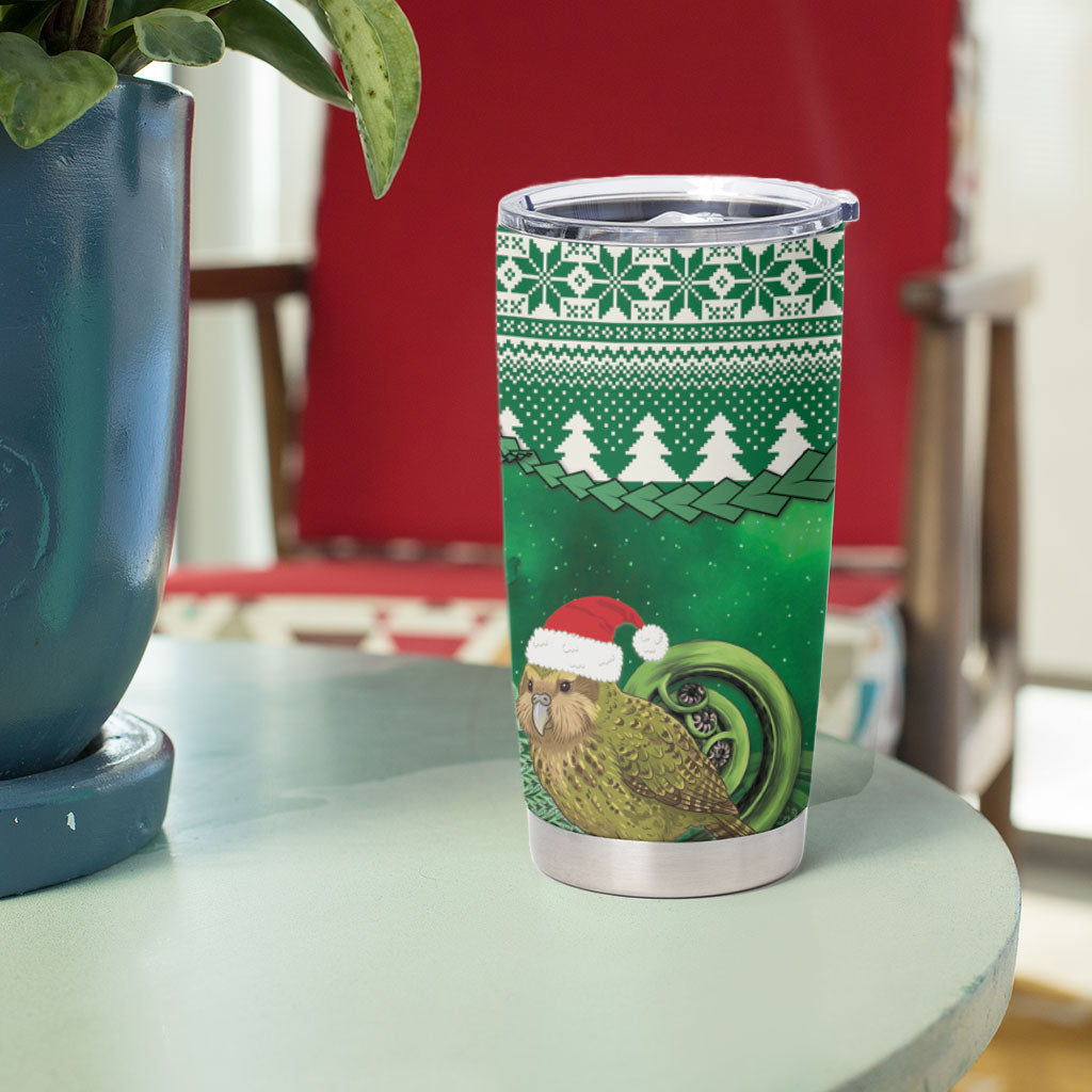 New Zealand Kakapo Christmas In July Tumbler Cup Silver Fern Santa Xmas Green Color LT22 - Polynesian Pride