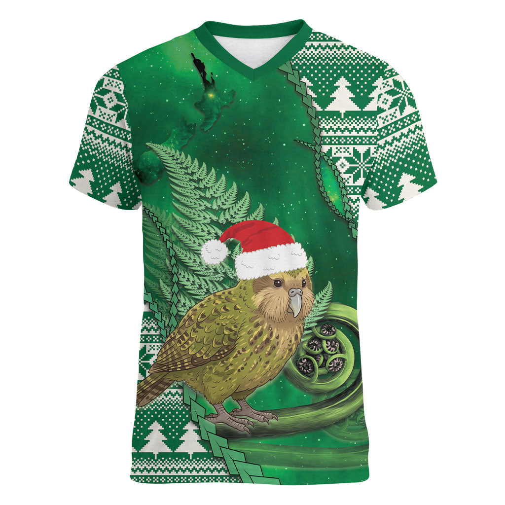 New Zealand Kakapo Christmas In July Women V-Neck T-Shirt Silver Fern Santa Xmas Green Color