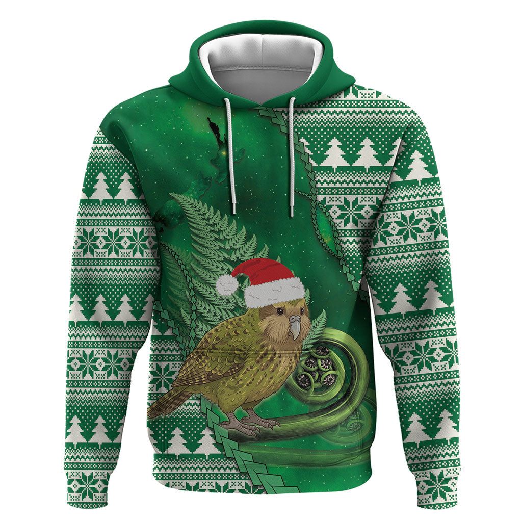 New Zealand Kakapo Christmas In July Zip Hoodie Silver Fern Santa Xmas Green Color LT22 Pullover Hoodie Green - Polynesian Pride