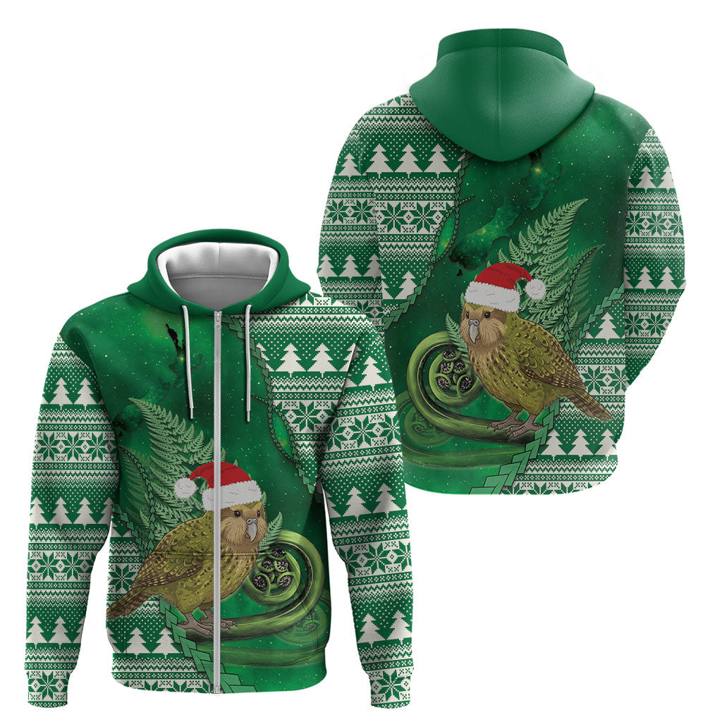 New Zealand Kakapo Christmas In July Zip Hoodie Silver Fern Santa Xmas Green Color LT22 - Polynesian Pride