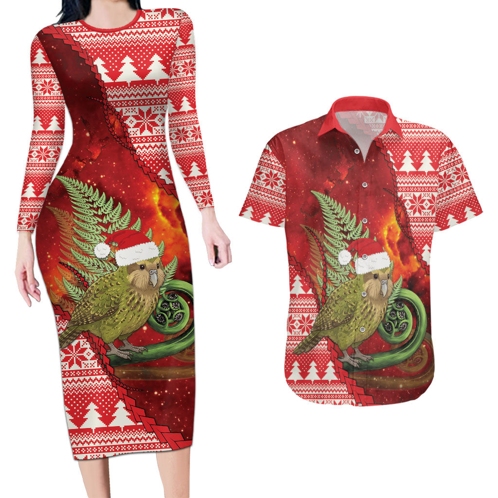 New Zealand Kakapo Christmas In July Couples Matching Long Sleeve Bodycon Dress and Hawaiian Shirt Silver Fern Santa Xmas Red Color
