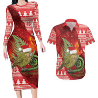 New Zealand Kakapo Christmas In July Couples Matching Long Sleeve Bodycon Dress and Hawaiian Shirt Silver Fern Santa Xmas Red Color