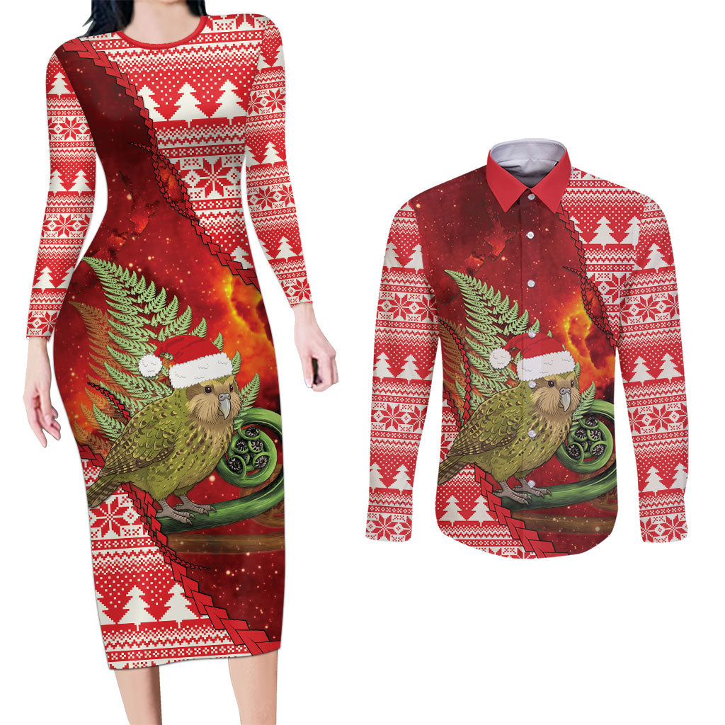 New Zealand Kakapo Christmas In July Couples Matching Long Sleeve Bodycon Dress and Long Sleeve Button Shirt Silver Fern Santa Xmas Red Color LT22 Red - Polynesian Pride