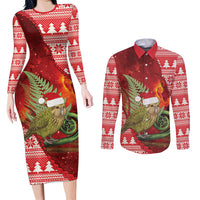 New Zealand Kakapo Christmas In July Couples Matching Long Sleeve Bodycon Dress and Long Sleeve Button Shirt Silver Fern Santa Xmas Red Color LT22 Red - Polynesian Pride