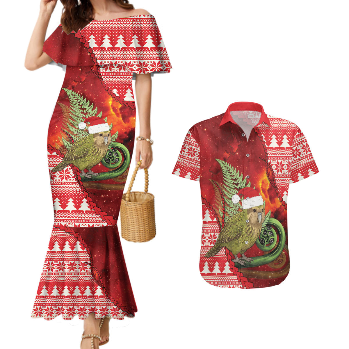 New Zealand Kakapo Christmas In July Couples Matching Mermaid Dress and Hawaiian Shirt Silver Fern Santa Xmas Red Color