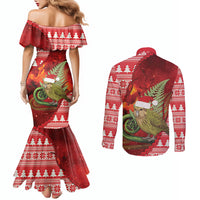 New Zealand Kakapo Christmas In July Couples Matching Mermaid Dress and Long Sleeve Button Shirt Silver Fern Santa Xmas Red Color LT22 - Polynesian Pride