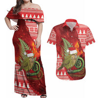 New Zealand Kakapo Christmas In July Couples Matching Off Shoulder Maxi Dress and Hawaiian Shirt Silver Fern Santa Xmas Red Color LT22 Red - Polynesian Pride