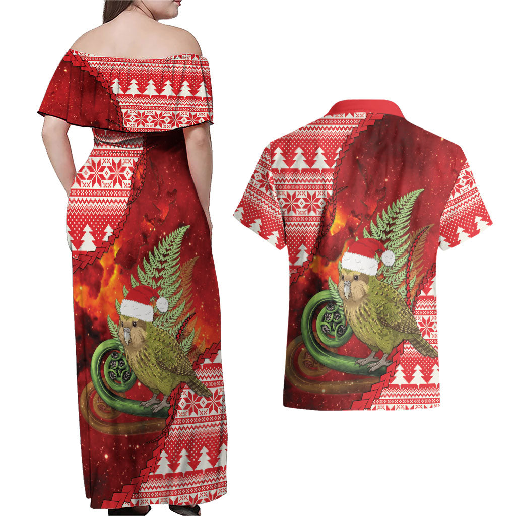 New Zealand Kakapo Christmas In July Couples Matching Off Shoulder Maxi Dress and Hawaiian Shirt Silver Fern Santa Xmas Red Color LT22 - Polynesian Pride