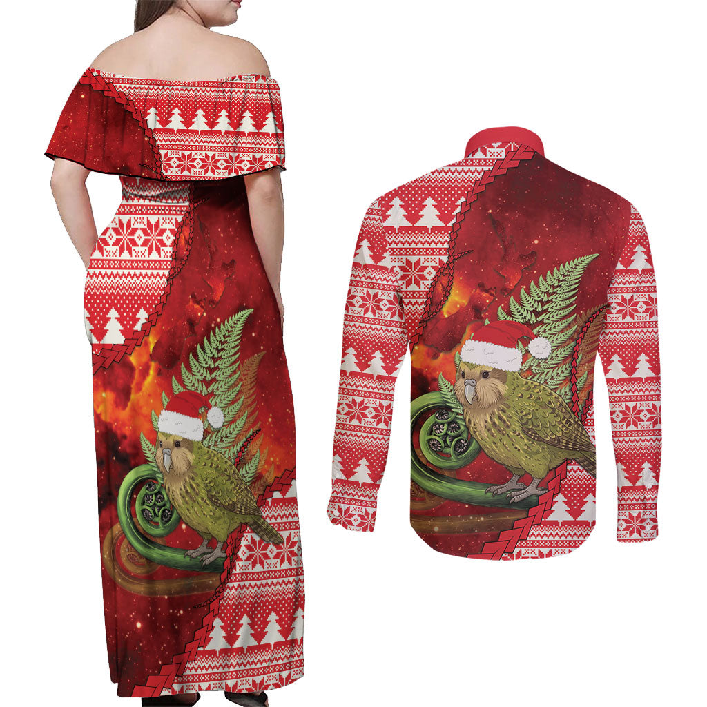 New Zealand Kakapo Christmas In July Couples Matching Off Shoulder Maxi Dress and Long Sleeve Button Shirt Silver Fern Santa Xmas Red Color LT22 - Polynesian Pride