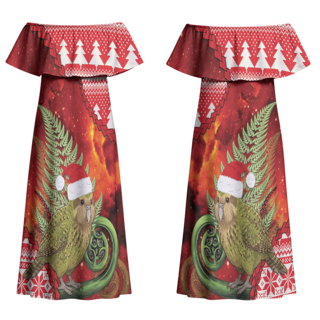 New Zealand Kakapo Christmas In July Couples Matching Off Shoulder Maxi Dress and Long Sleeve Button Shirt Silver Fern Santa Xmas Red Color LT22 - Polynesian Pride