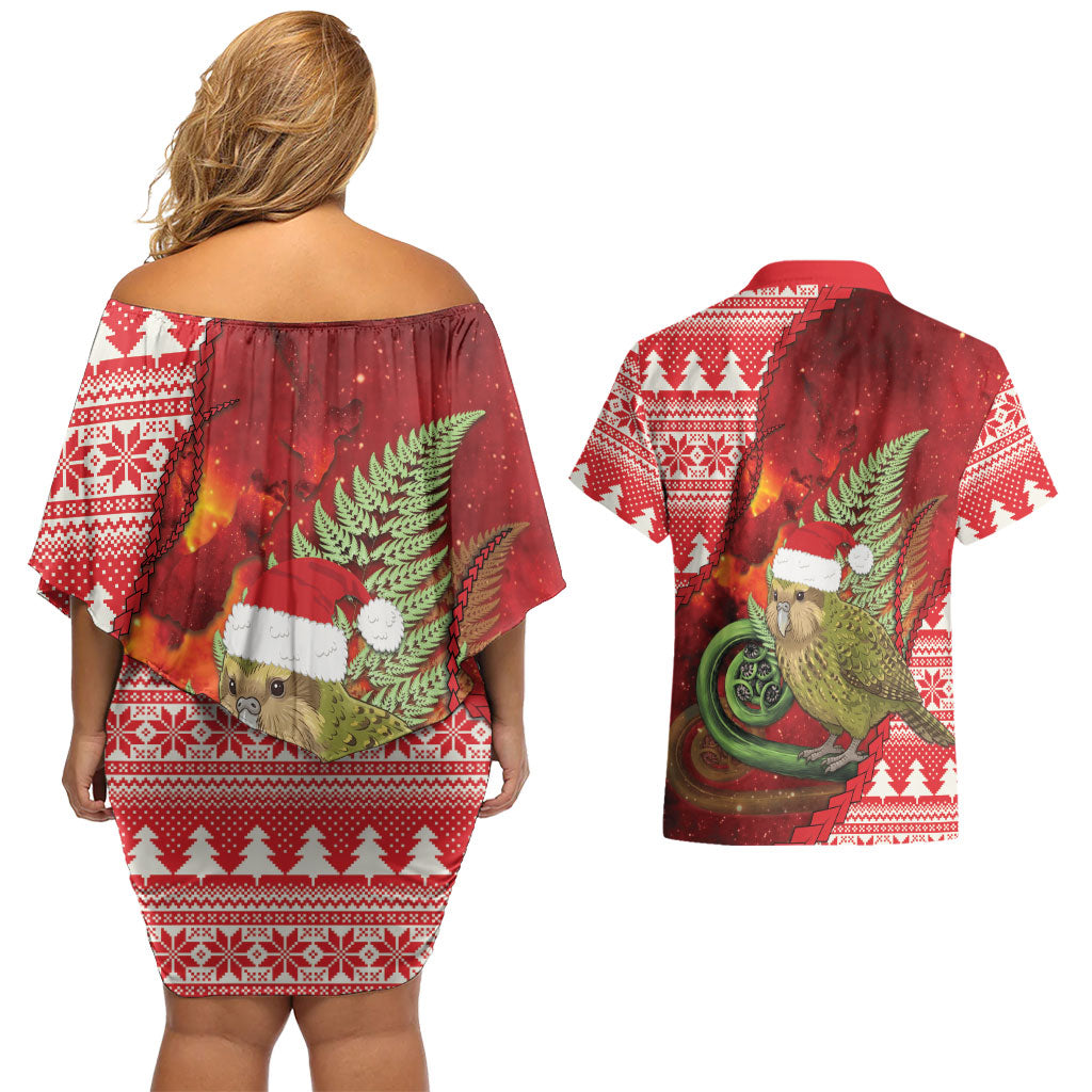 New Zealand Kakapo Christmas In July Couples Matching Off Shoulder Short Dress and Hawaiian Shirt Silver Fern Santa Xmas Red Color LT22 - Polynesian Pride