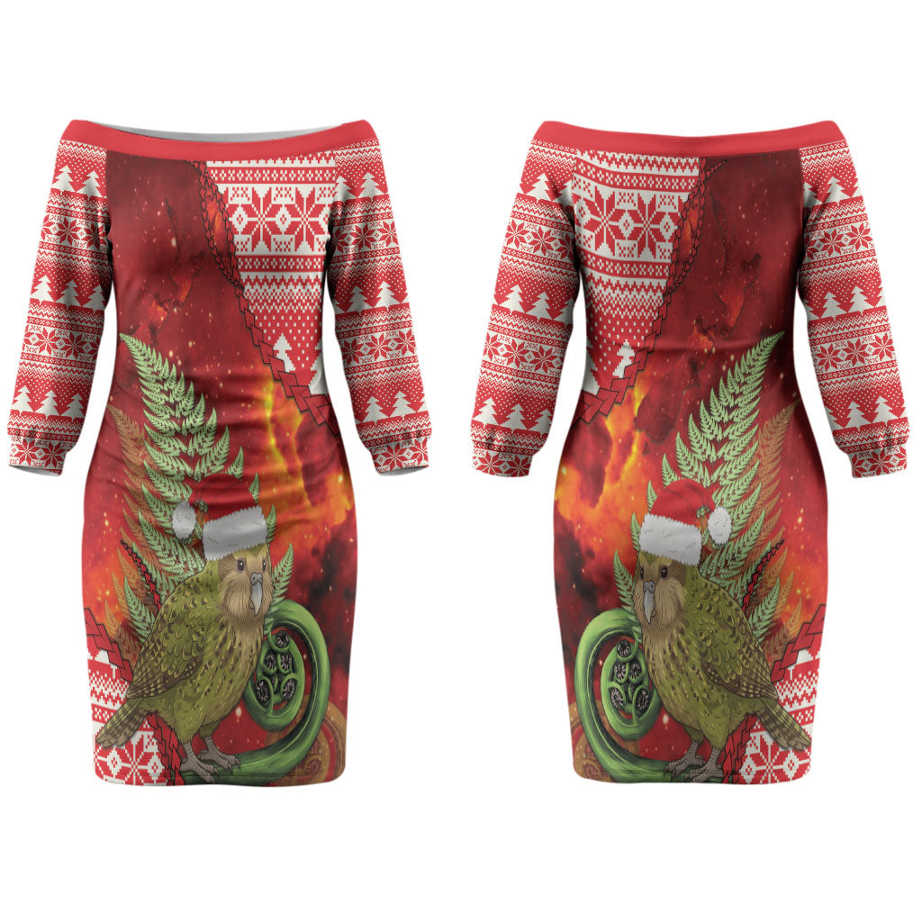 New Zealand Kakapo Christmas In July Couples Matching Off The Shoulder Long Sleeve Dress and Hawaiian Shirt Silver Fern Santa Xmas Red Color LT22 - Polynesian Pride