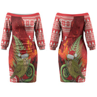 New Zealand Kakapo Christmas In July Couples Matching Off The Shoulder Long Sleeve Dress and Hawaiian Shirt Silver Fern Santa Xmas Red Color LT22 - Polynesian Pride