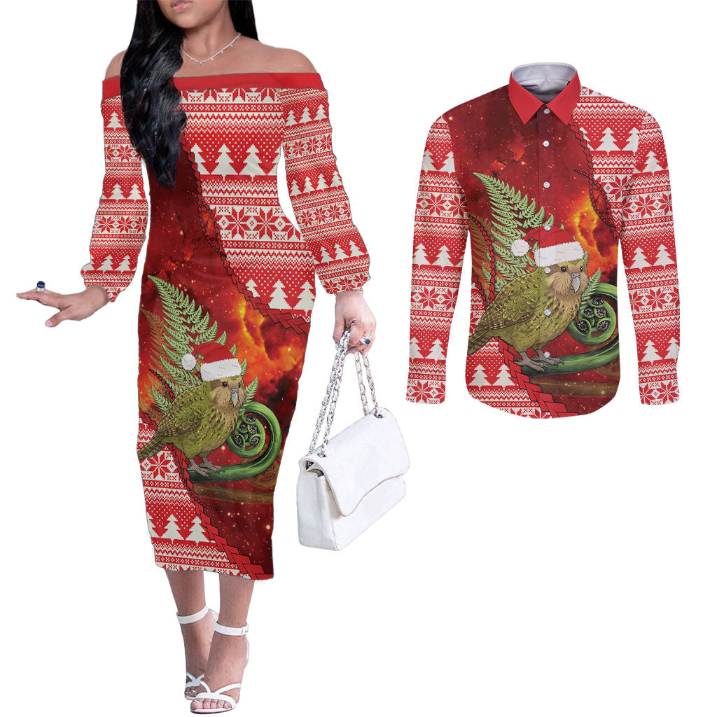 New Zealand Kakapo Christmas In July Couples Matching Off The Shoulder Long Sleeve Dress and Long Sleeve Button Shirt Silver Fern Santa Xmas Red Color LT22 Red - Polynesian Pride