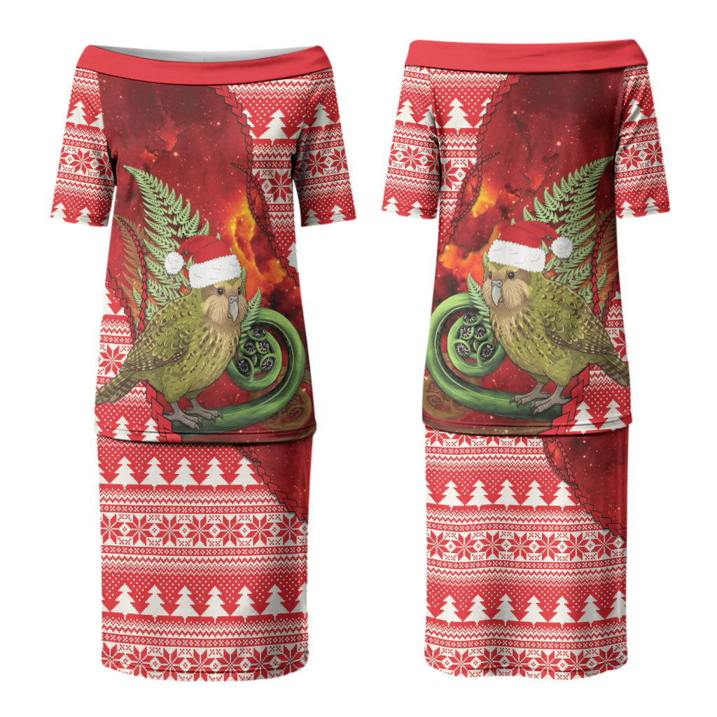 New Zealand Kakapo Christmas In July Couples Matching Puletasi and Long Sleeve Button Shirt Silver Fern Santa Xmas Red Color LT22 - Polynesian Pride