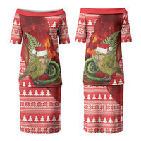 New Zealand Kakapo Christmas In July Couples Matching Puletasi and Long Sleeve Button Shirt Silver Fern Santa Xmas Red Color LT22 - Polynesian Pride