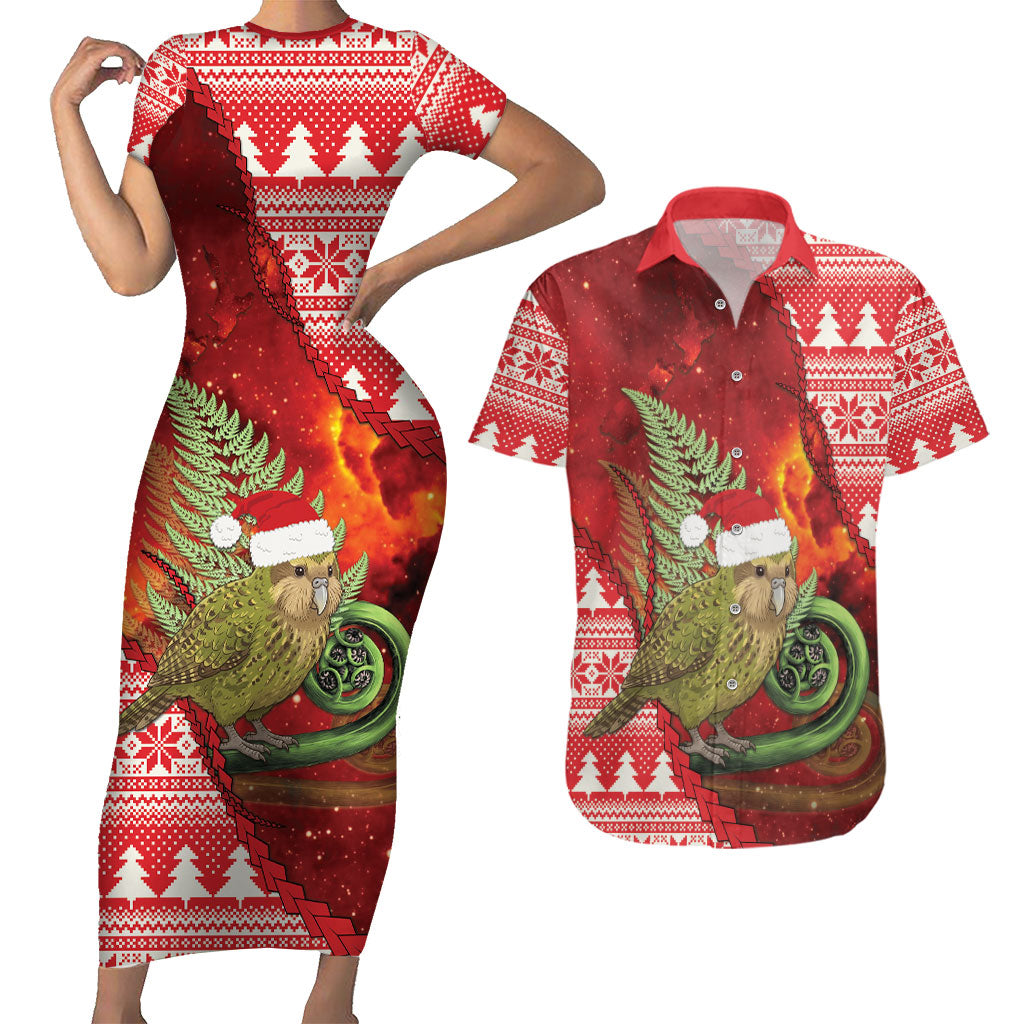 New Zealand Kakapo Christmas In July Couples Matching Short Sleeve Bodycon Dress and Hawaiian Shirt Silver Fern Santa Xmas Red Color LT22 Red - Polynesian Pride