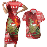 New Zealand Kakapo Christmas In July Couples Matching Short Sleeve Bodycon Dress and Hawaiian Shirt Silver Fern Santa Xmas Red Color