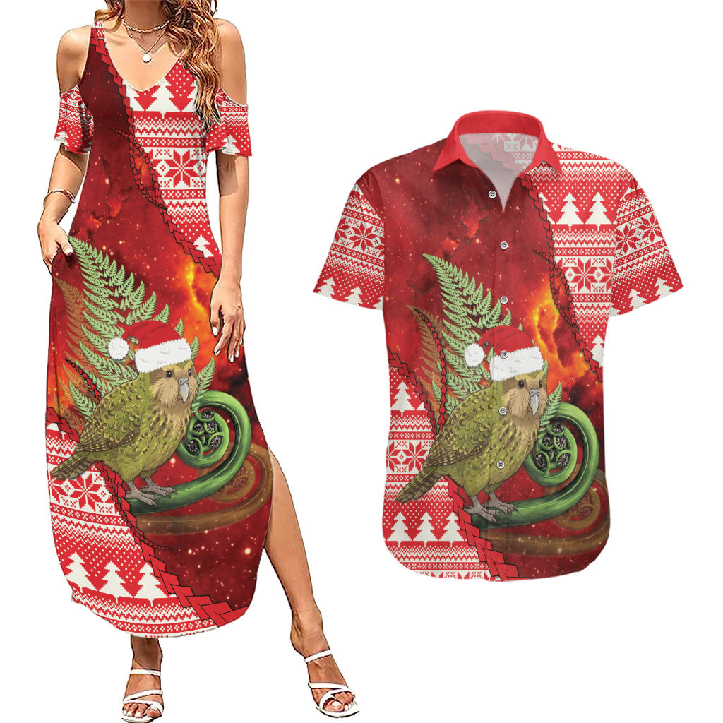New Zealand Kakapo Christmas In July Couples Matching Summer Maxi Dress and Hawaiian Shirt Silver Fern Santa Xmas Red Color LT22 Red - Polynesian Pride
