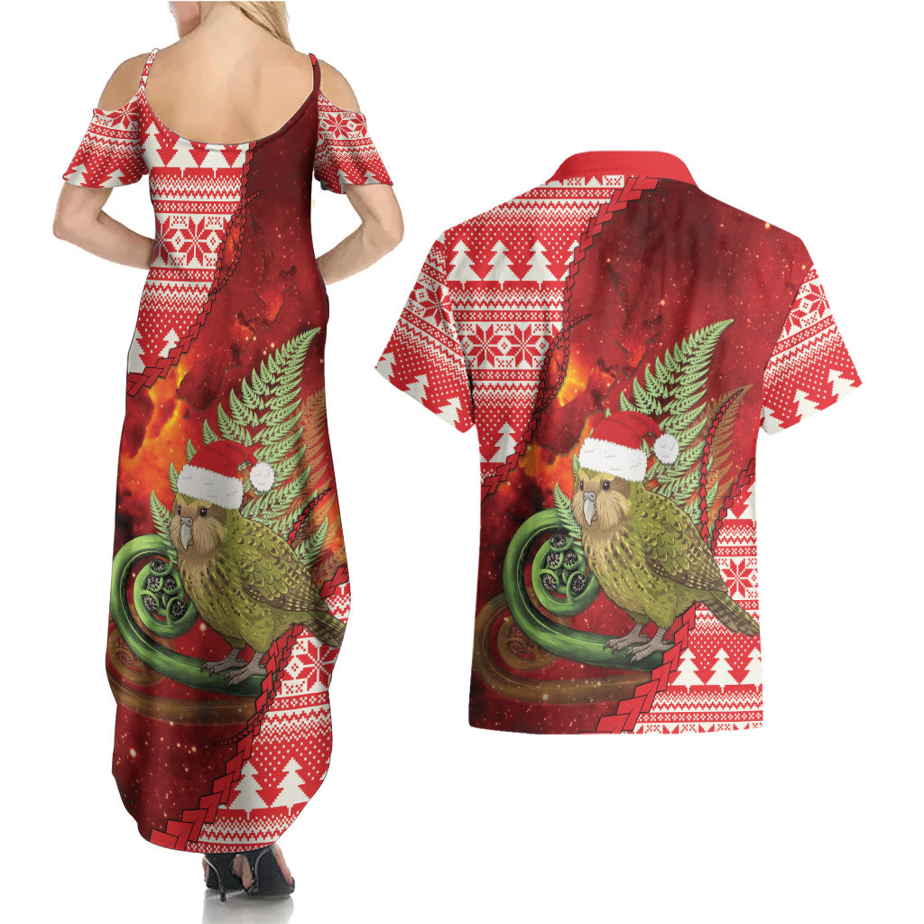 New Zealand Kakapo Christmas In July Couples Matching Summer Maxi Dress and Hawaiian Shirt Silver Fern Santa Xmas Red Color LT22 - Polynesian Pride