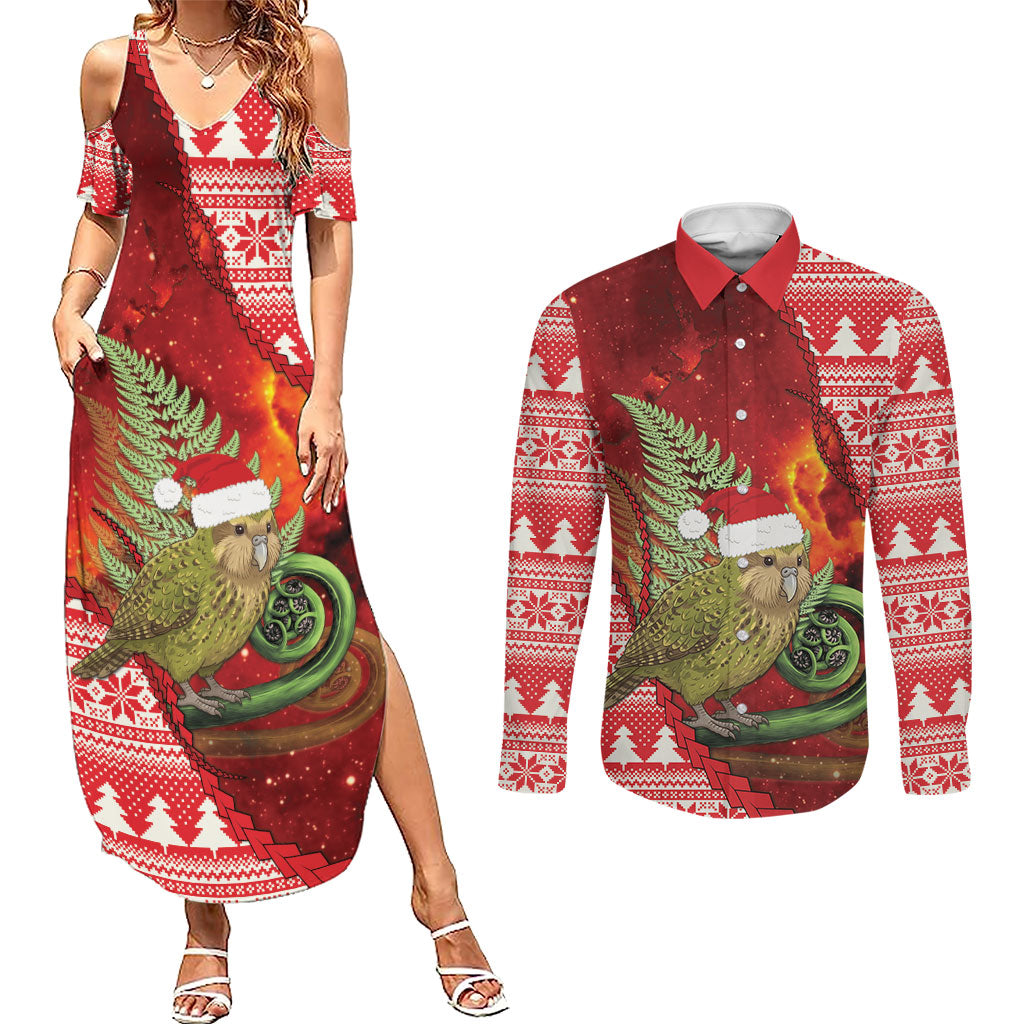 New Zealand Kakapo Christmas In July Couples Matching Summer Maxi Dress and Long Sleeve Button Shirt Silver Fern Santa Xmas Red Color LT22 Red - Polynesian Pride