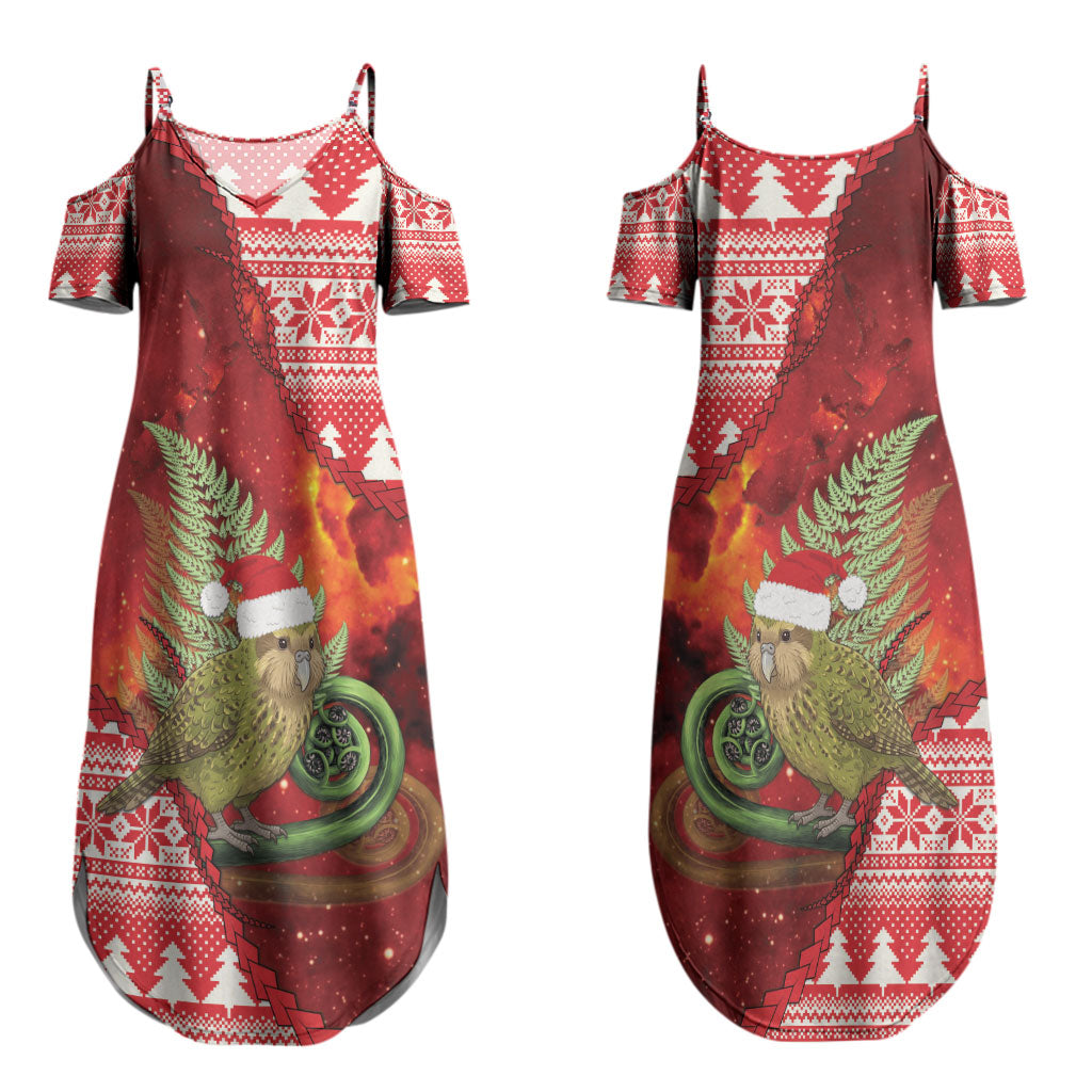 New Zealand Kakapo Christmas In July Couples Matching Summer Maxi Dress and Long Sleeve Button Shirt Silver Fern Santa Xmas Red Color LT22 - Polynesian Pride