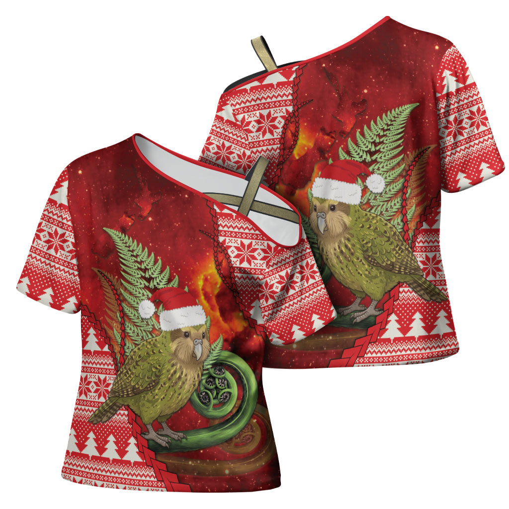 New Zealand Kakapo Christmas In July Cross Shoulder Shirt Silver Fern Santa Xmas Red Color