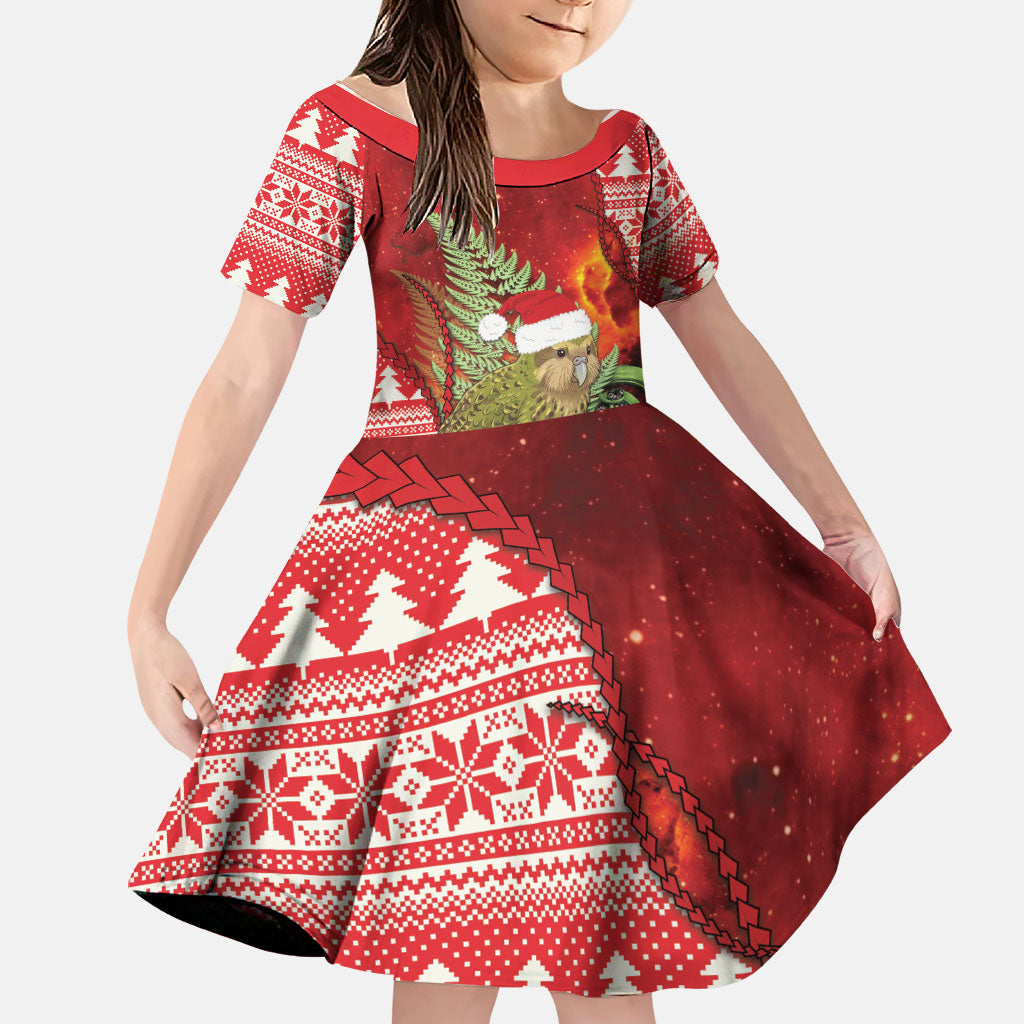 New Zealand Kakapo Christmas In July Family Matching Long Sleeve Bodycon Dress and Hawaiian Shirt Silver Fern Santa Xmas Red Color LT22 Daughter's Dress Red - Polynesian Pride