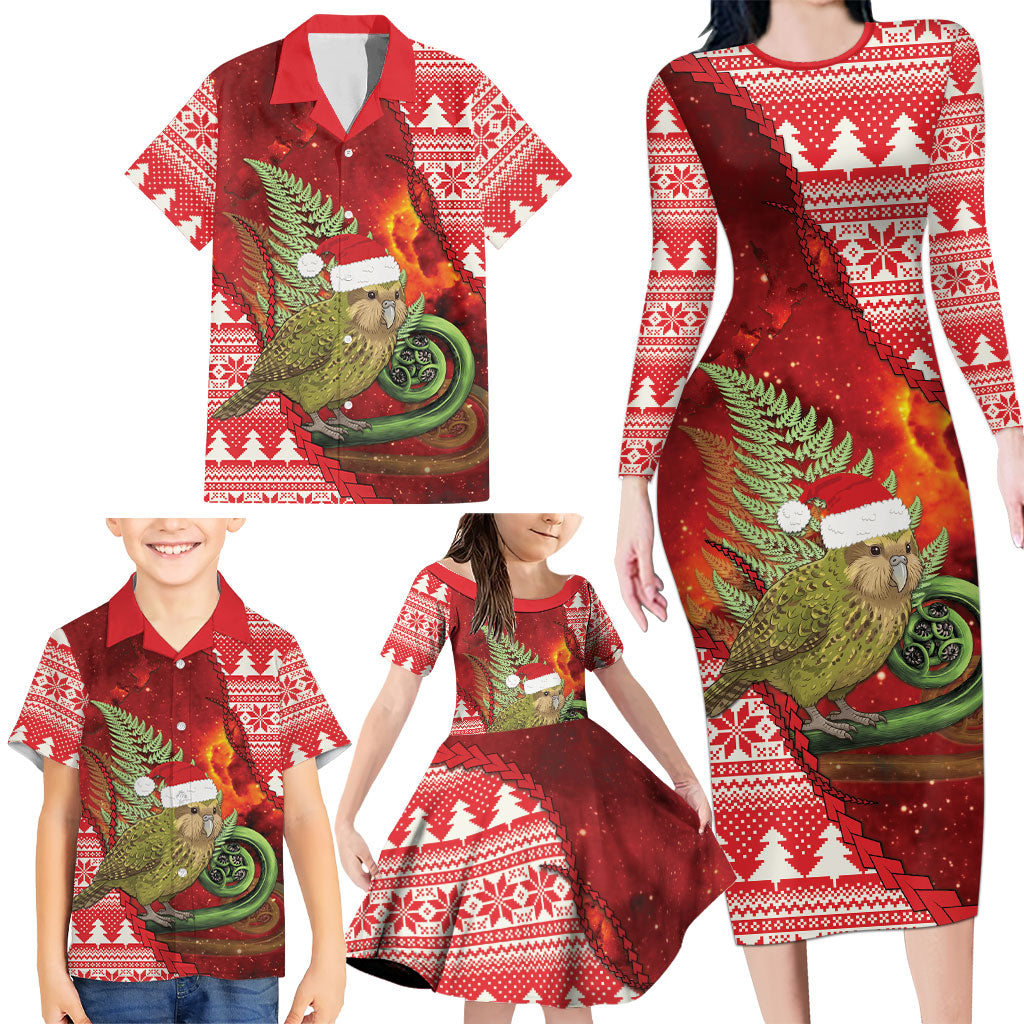 New Zealand Kakapo Christmas In July Family Matching Long Sleeve Bodycon Dress and Hawaiian Shirt Silver Fern Santa Xmas Red Color LT22 - Polynesian Pride